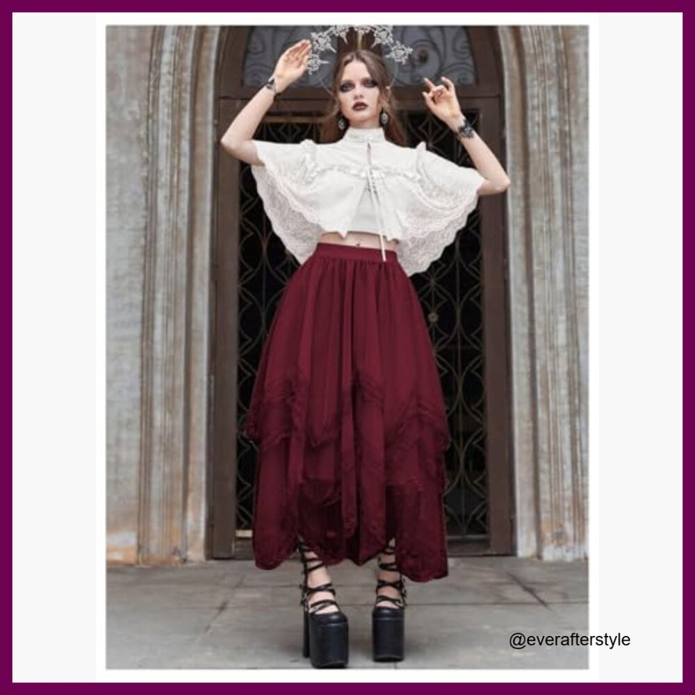 Lace Trim Mesh Tulle Skirt High Waist Asymmetrical Long Goth - Picture 5 of 5